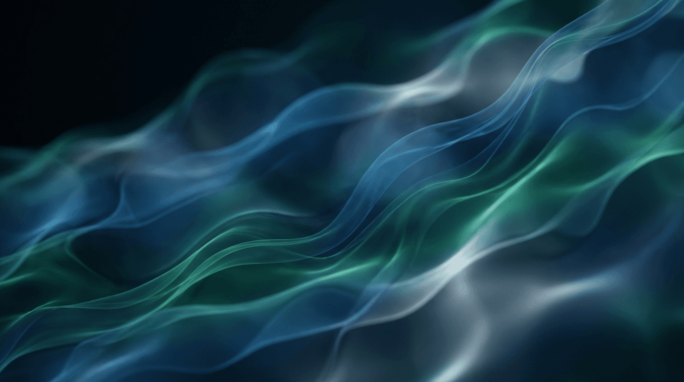 Abstract flowing blue and emerald liquid layers with soft luminescent shimmer against dark background