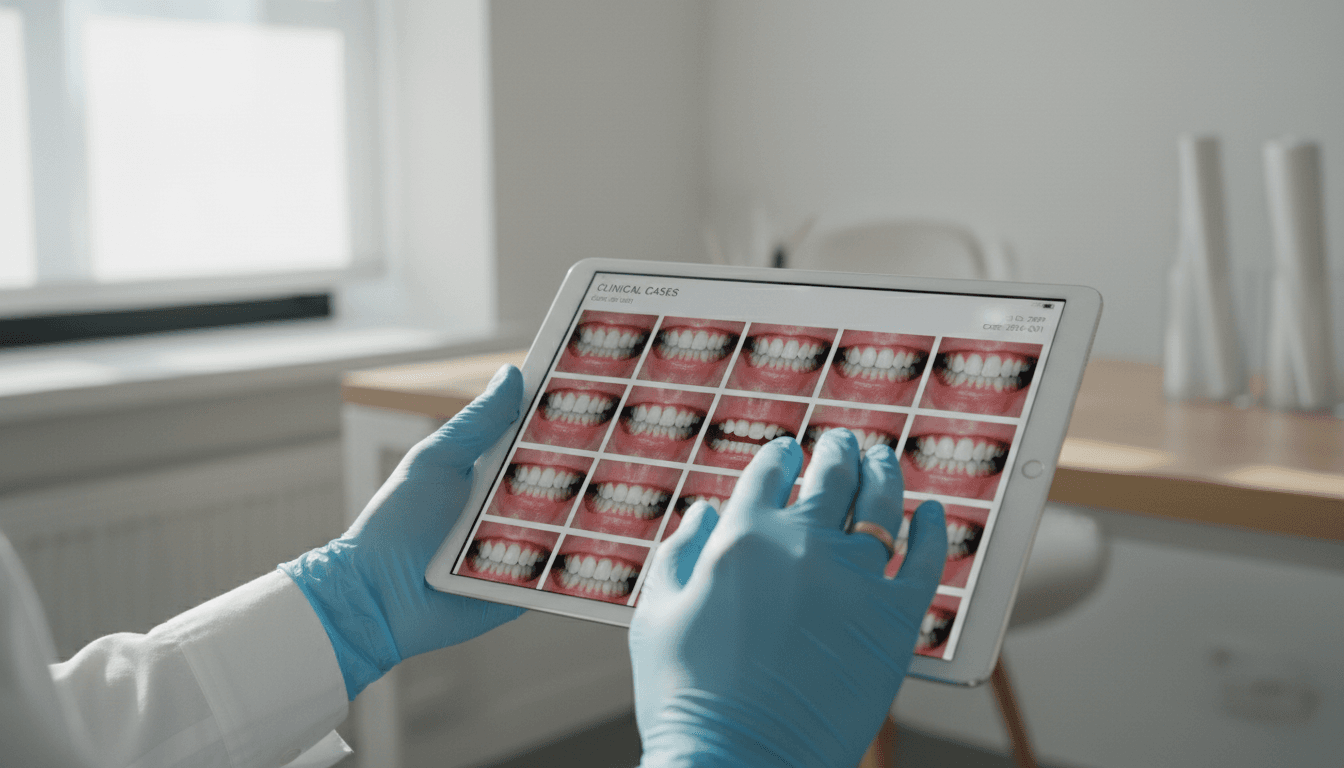 Dental practice owner reviewing growth analytics on tablet at modern office desk
