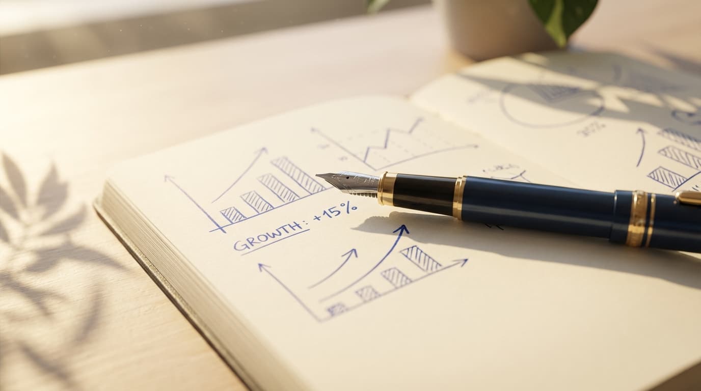 Hand pointing to upward trending growth chart on practice analytics report