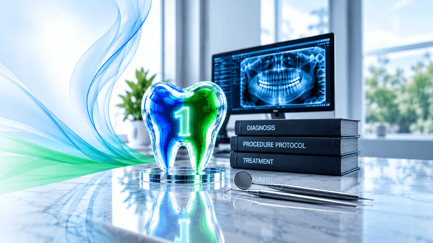 Modelo de diente brillante en azul y verde con el número uno, instrumental dental y libros de medicina.