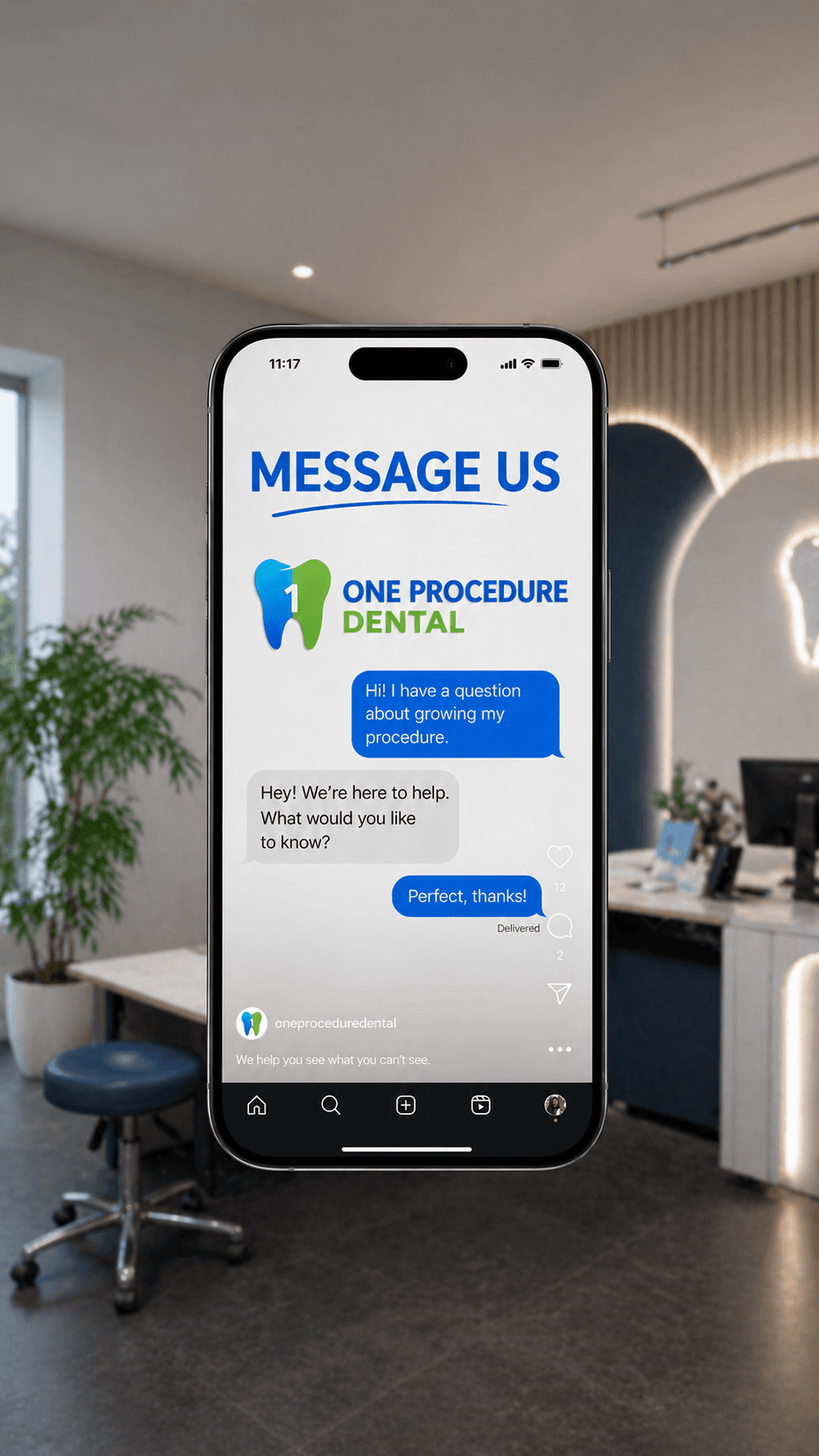 Smartphone displaying a dental office chat interface superimposed over a blurred modern reception area.