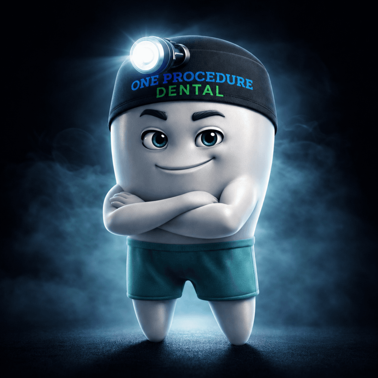 Smiling tooth mascot wearing a headlamp and headband with "One Procedure Dental" text, arms crossed.