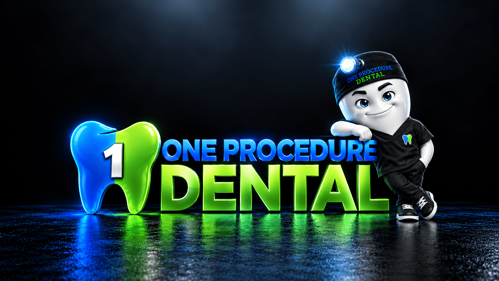 One Procedure Dental logo featuring a blue and green tooth and a smiling dentist mascot.