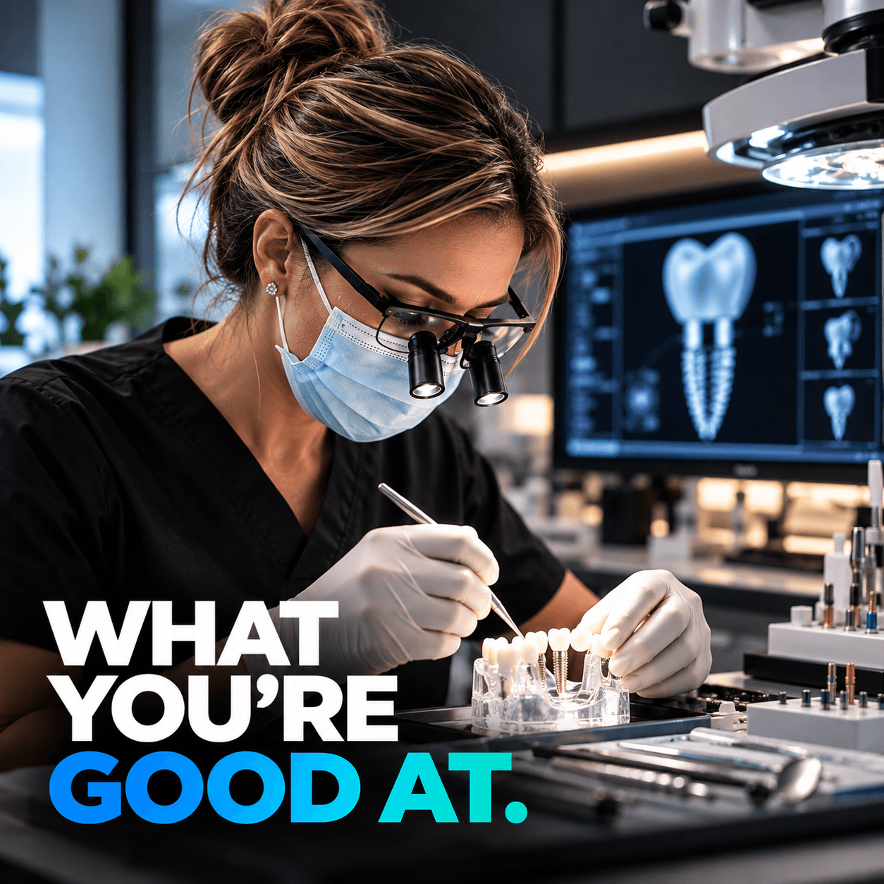Female dental professional wearing magnifying loupes works on a dental implant model in a laboratory.
