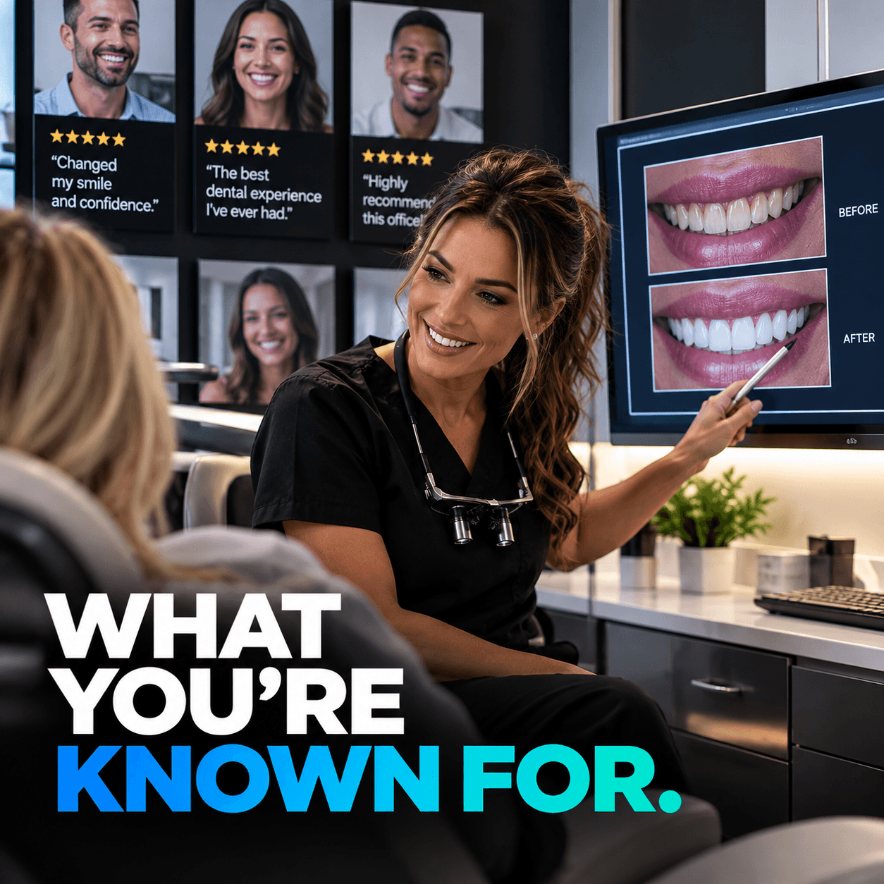Smiling dentist shows before and after smile makeover photos on a screen to a patient.