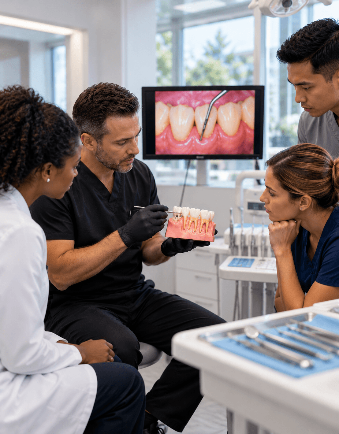 Dentist demonstrating a procedure using a tooth model for three attentive dental students.