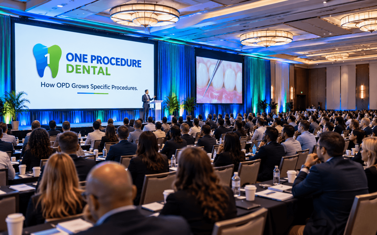 Speaker presenting One Procedure Dental to a large audience in a blue-lit conference hall.