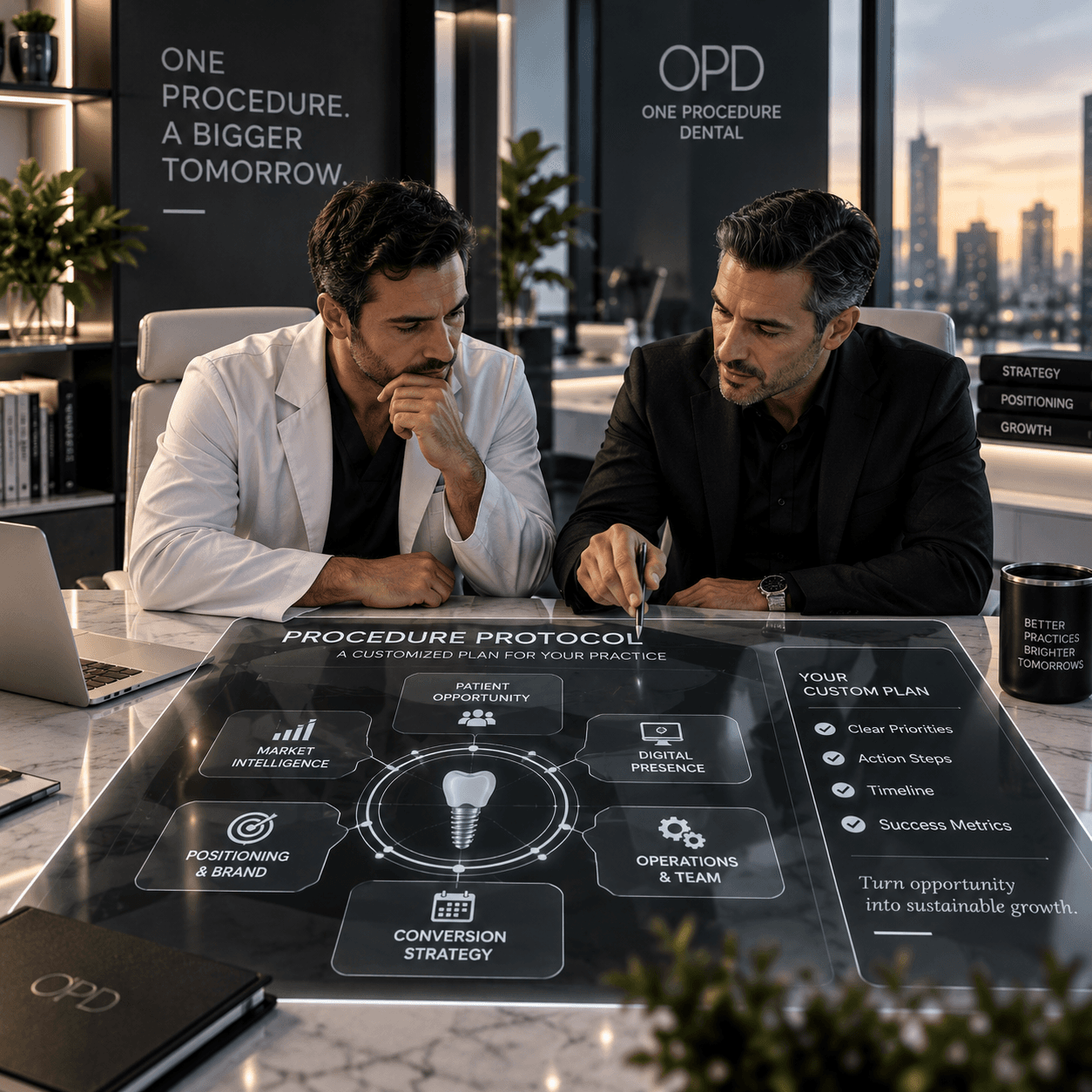 Un odontólogo y un consultor analizan un plan de crecimiento digital futurista para una clínica dental.