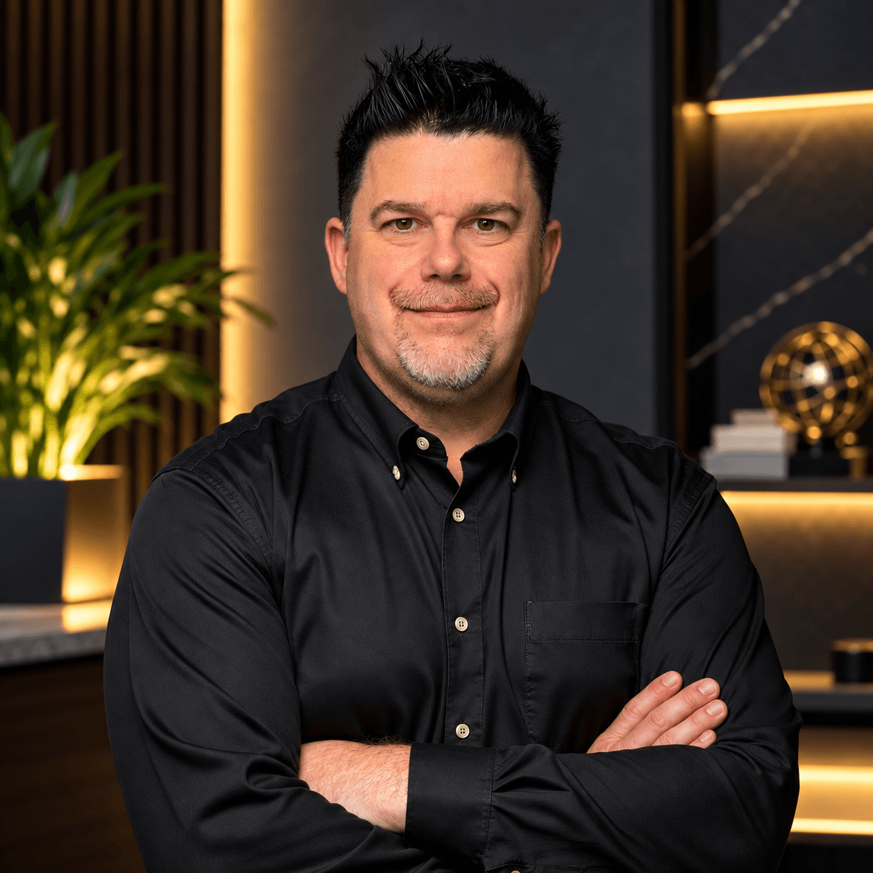 Smiling man with dark spiky hair and goatee, arms crossed, in a warmly lit office.