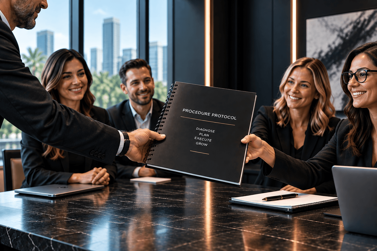 Business professional handing a 'Procedure Protocol' book to a colleague in a modern boardroom.
