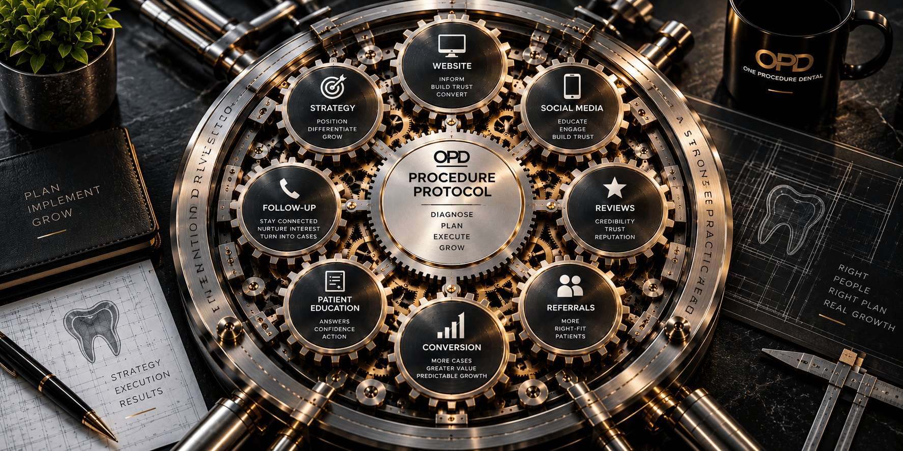 Intricate metallic gears illustrating a dental procedure protocol and eight interconnected business growth strategies.