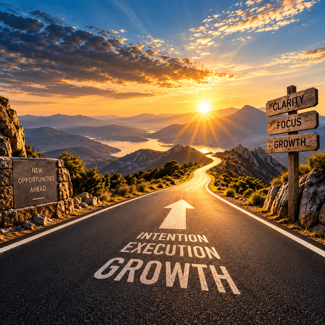 Winding mountain road at sunrise with motivational signs for clarity, focus, and growth.