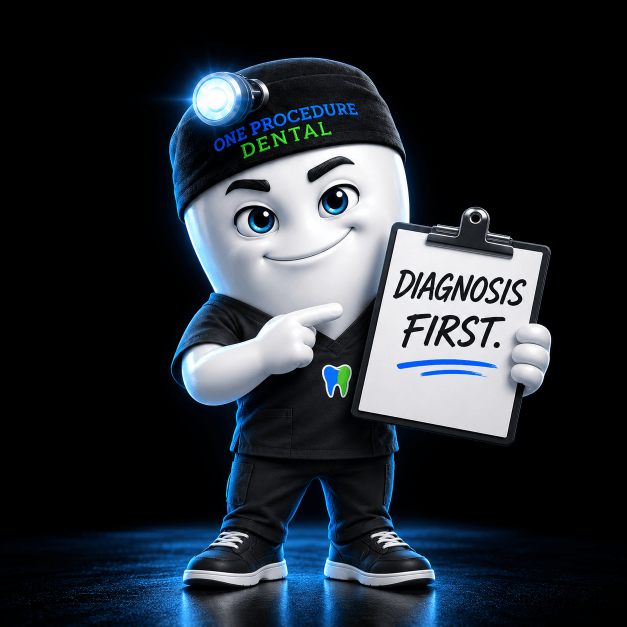 Mascota de diente animada con uniforme quirúrgico señalando un portapapeles que dice: "EL DIAGNÓSTICO ES LO PRIMERO".