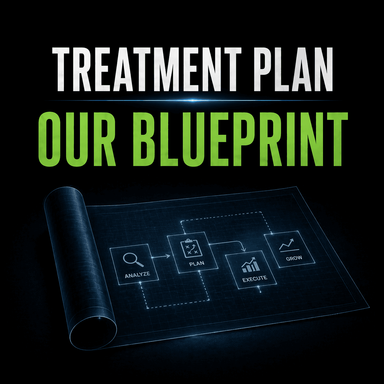 Treatment Plan Our Blueprint text above a flowchart showing analyze, plan, execute, and grow.