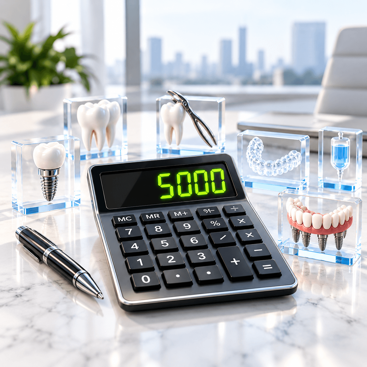 Calculator displaying 5000 surrounded by dental implant and denture models on a marble desk.