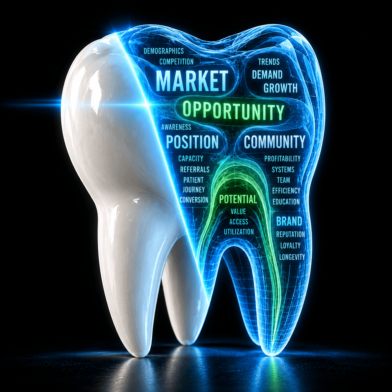 Molar realista transformándose en una estructura digital brillante con palabras clave de estrategia dental.