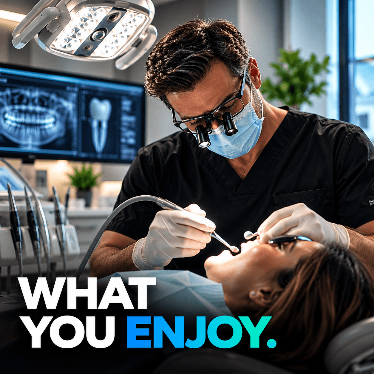 Dentist in loupes performs a procedure on a patient with text overlay 'WHAT YOU ENJOY.'