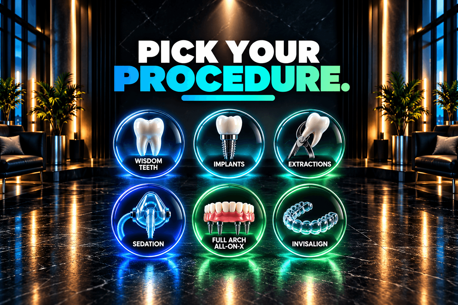 Menú dental futurista en un entorno de lujo con iconos de implantes, extracciones, sedación e Invisalign.