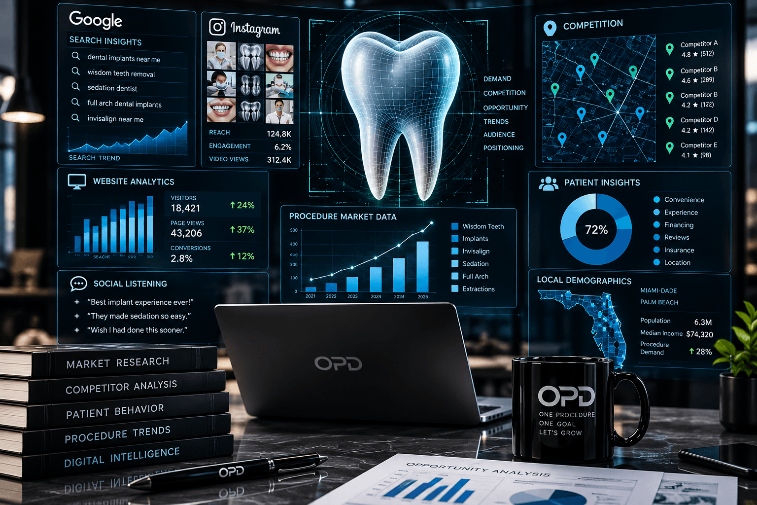 Futuristic dental marketing dashboard displaying a 3D tooth model and comprehensive business data analytics.