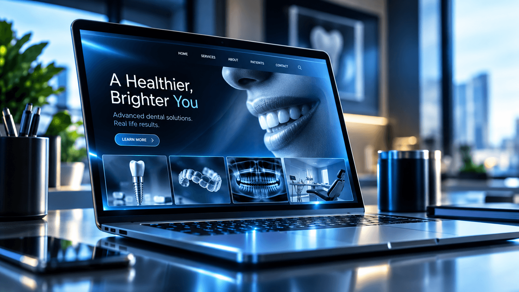 Laptop en un escritorio mostrando el sitio web de una clínica dental con una sonrisa brillante y servicios.
