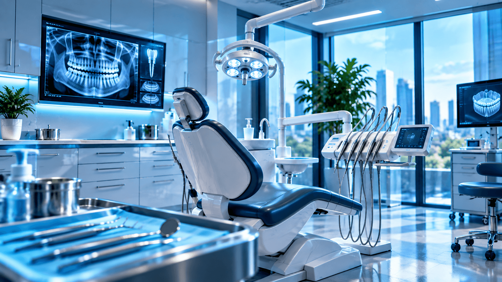 Consultorio dental moderno con sillón de tratamiento, equipo de alta tecnología y vista panorámica de la ciudad.