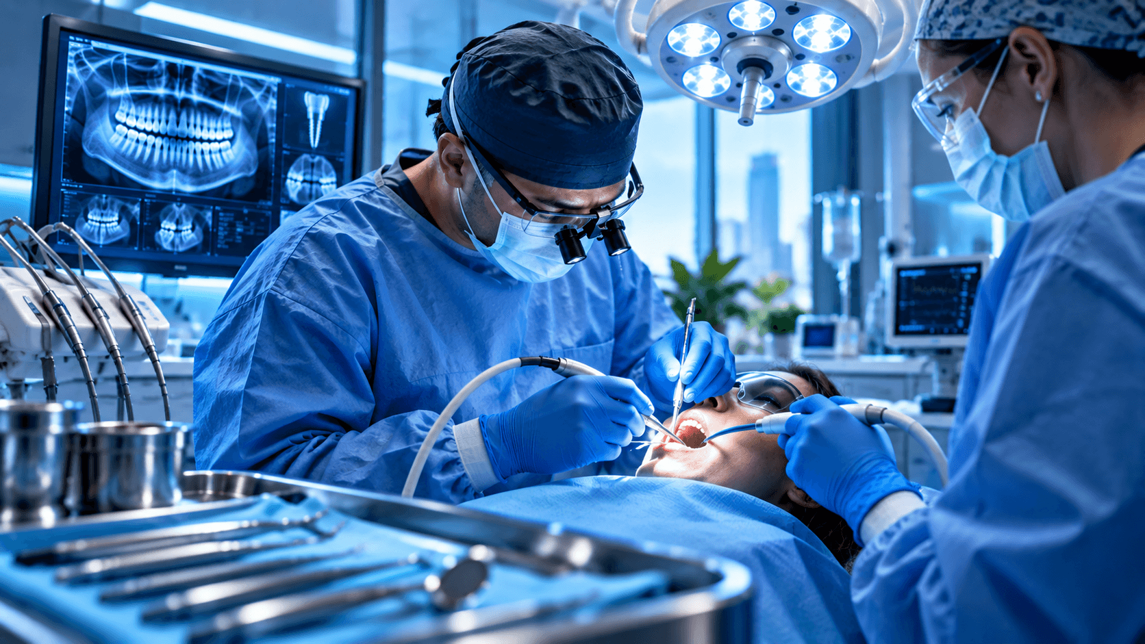 Cirujanos realizando una cirugía dental en una sala moderna con pantallas de radiografía digital.