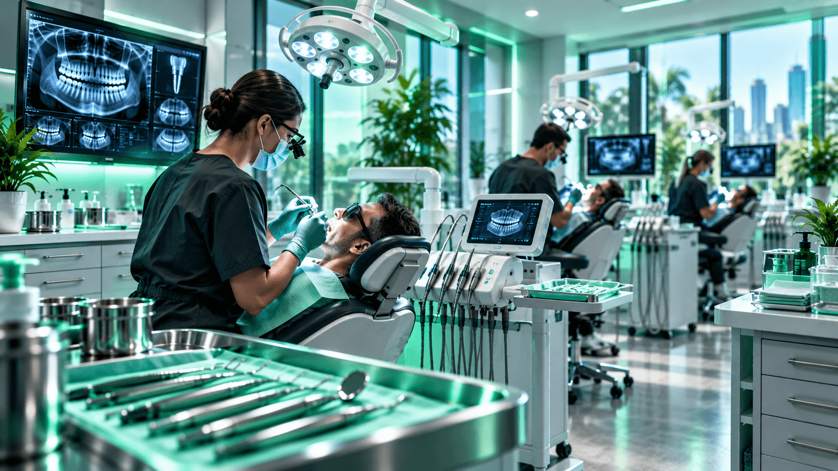 Odontólogos atendiendo pacientes en una clínica luminosa y moderna con tecnología avanzada y vistas urbanas.